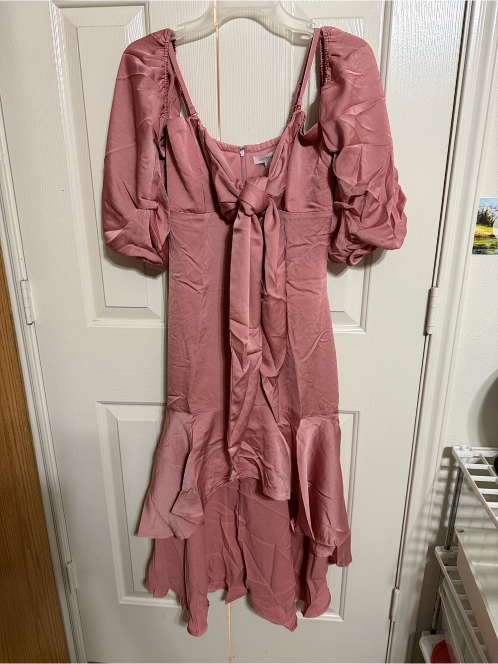 Lulumari Dusty Rose Puff Sleeve Tie-Front High-Low Dress
